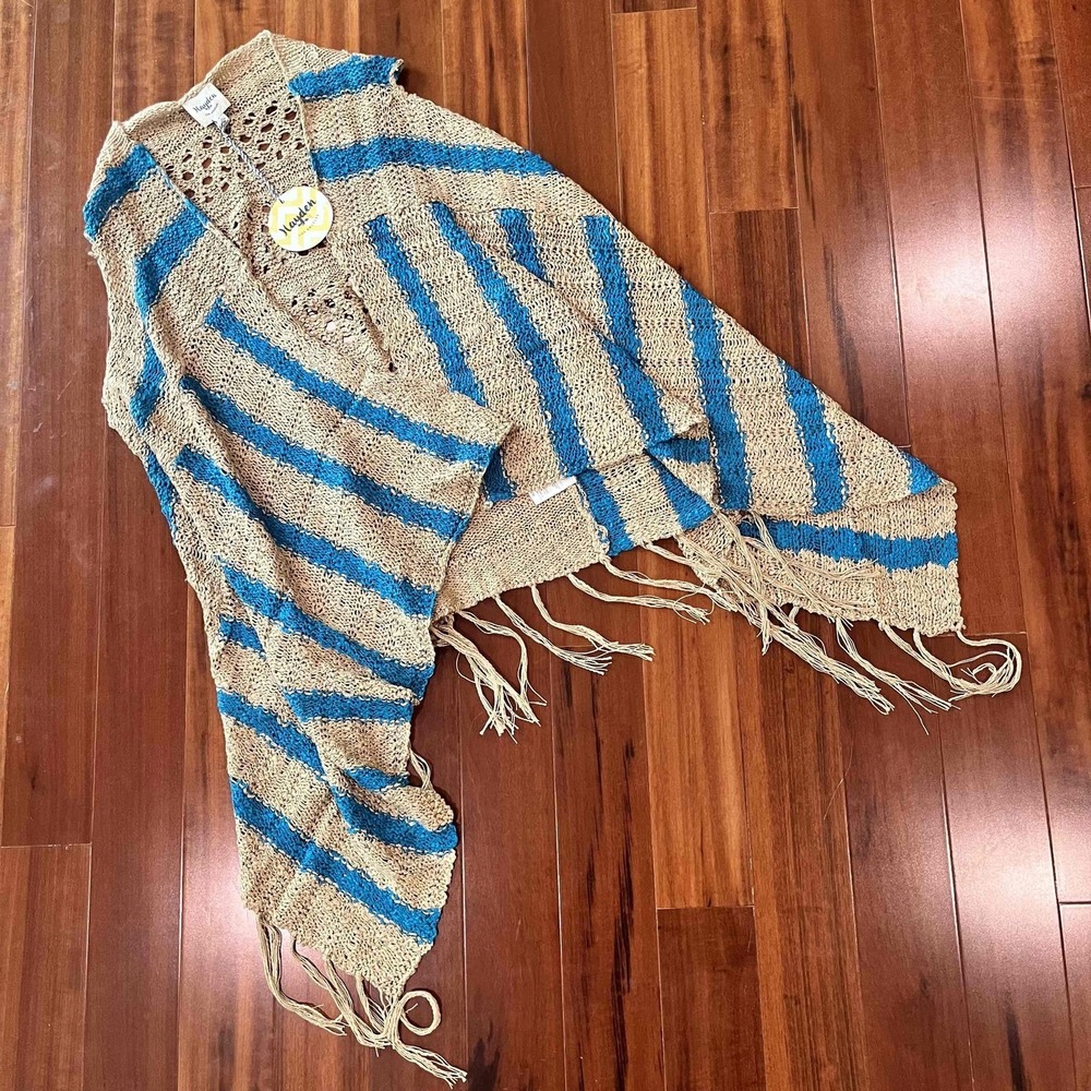 Boho Fringe Vest Cardigan Hayden LA Beige Blue Stripe Knit Festival New‎ Sz S M